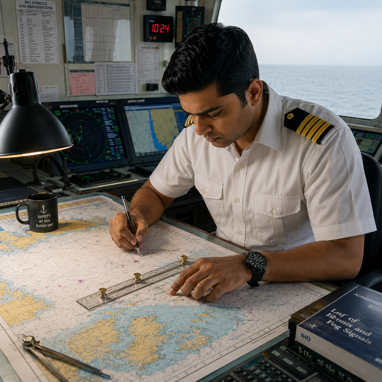 Maritime professionals studying nautical charts